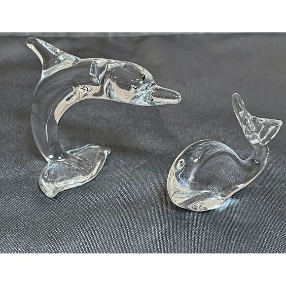 Artisan Crafted Other - Dolphin Whale Figurines Miniature 2 Inch Pair Clear Hand Blown Crystal Glass